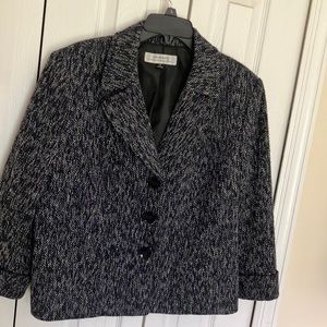 Tahari Arthur S. Levine Black & Navy Tweed Blazer w Snap Faux Buttons 3/4 Sleeve
